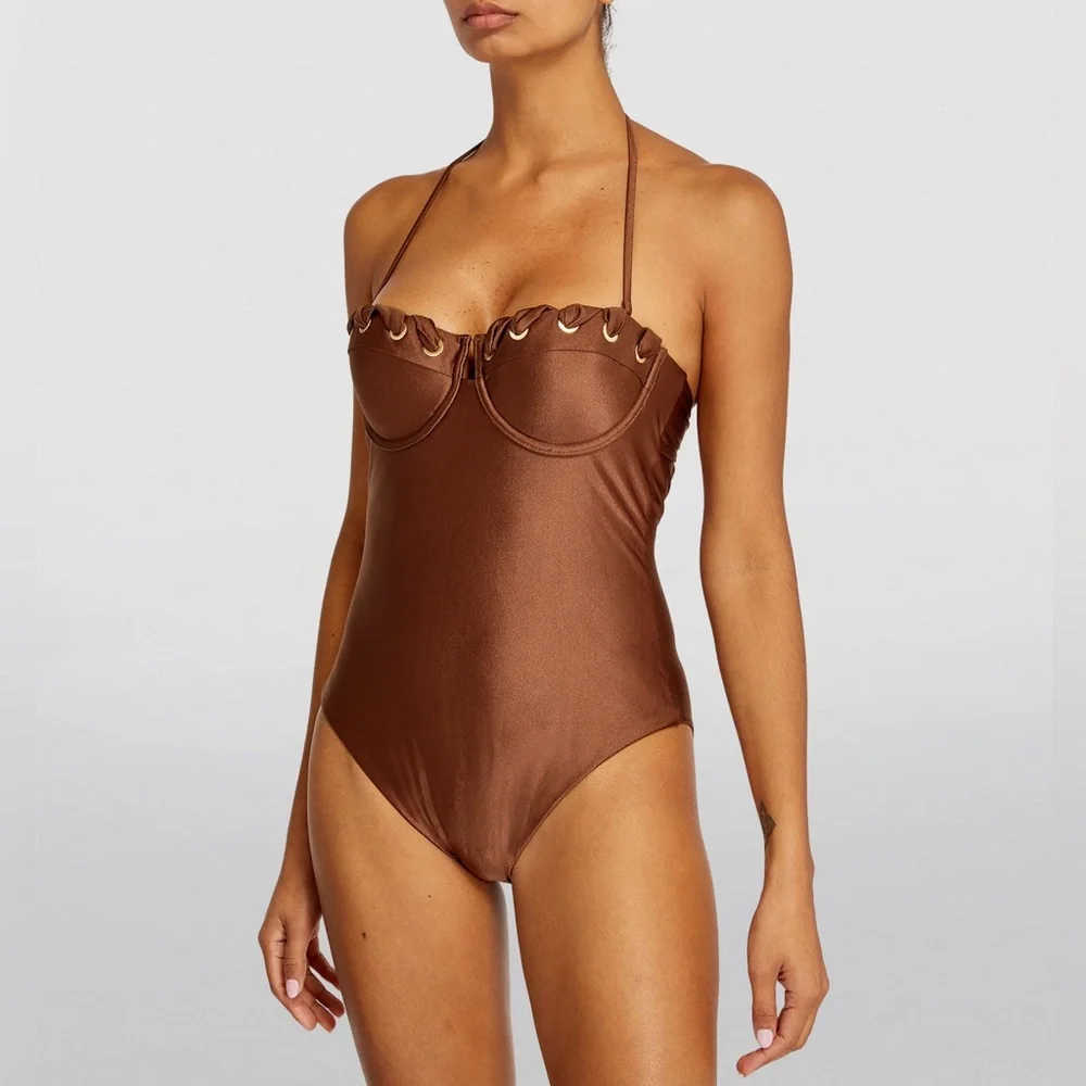 ZIMMERMANN Devi eyelet-embellished cutout underwired halterneck swimsuit sz 1 - Picture 6 of 11
